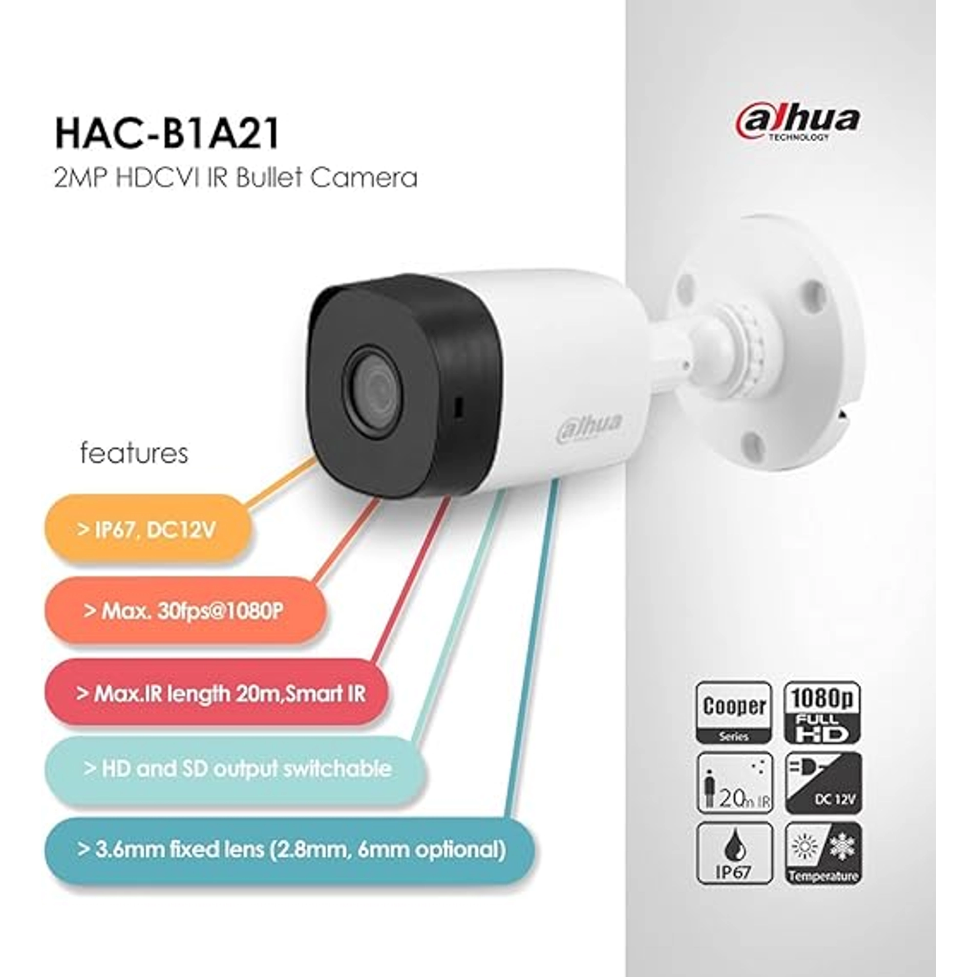 DAHUA DH-HAC-B2A21P BULLET CAMERA HDCVI 1080P/ 720P - Image 2