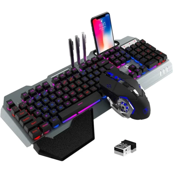 LEXONELEC WIRELESS GAMING KEYBOARD AND MOUSE COMBO,RAINBOW LED BACKLIT KEYBOARD WITH RECHARGEABLE 3800MAH BATTERY METAL PANEL,REMOVABLE WRIST REST MECHANICAL FEEL AND 7 COLOR MUTE GAMING MICE FOR PC PS4 PS5