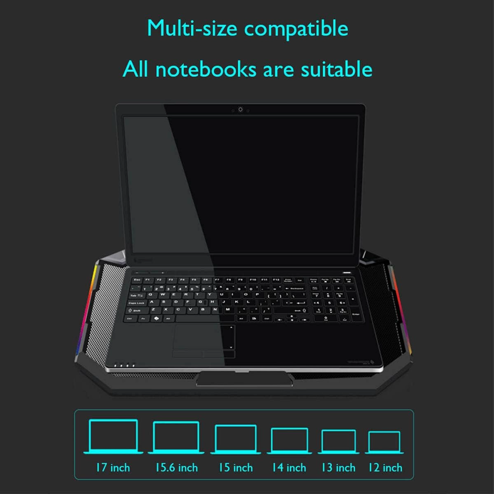 GAMING LAPTOP COOLING PAD STAND,YL-018, 5X BLUE LED FANS RGB SIDE LIGHTS 2 X USB -12 TO17IN - Image 5