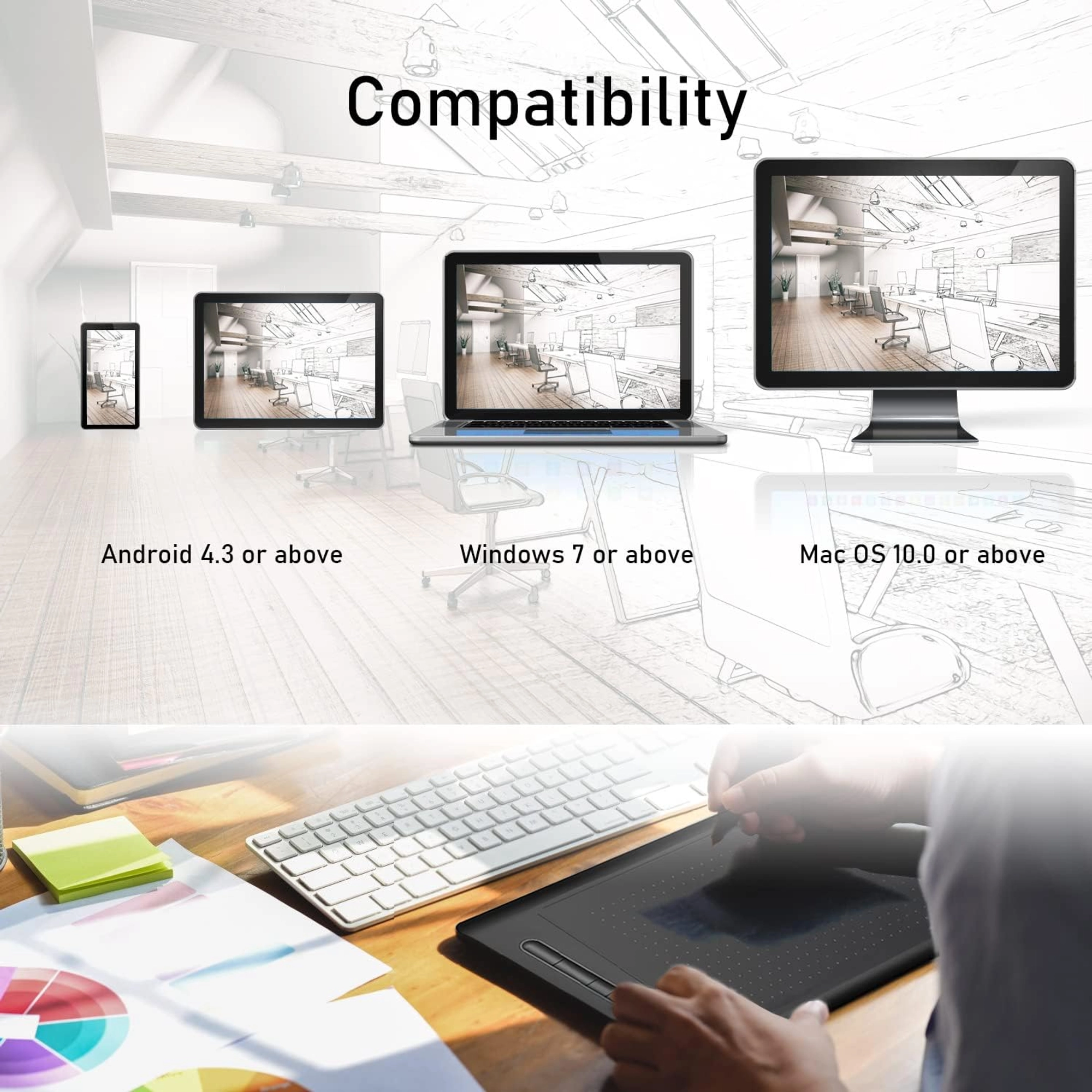 GRAPHICS DRAWING TABLET, 8.26 X 5.51 INCHES DIGITAL TABLET WITH 8192 LEVELS BATERRY-FREE STYLUS & CUSTOMIZE 5 HOTKEYS, COMPATIBLE WITH WINDOWS/MAC OS/ANDROID - Image 2