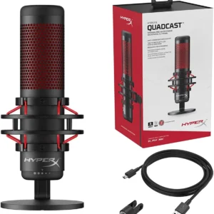 HyperX QuadCast - USB Condenser Gaming Microphone, for PC, PS4, PS5 and Mac, Anti-Vibration Shock Mount, Four Polar Patterns, Pop Filter, Gain Control, Podcasts, Twitch, YouTube, Discord, Red LED