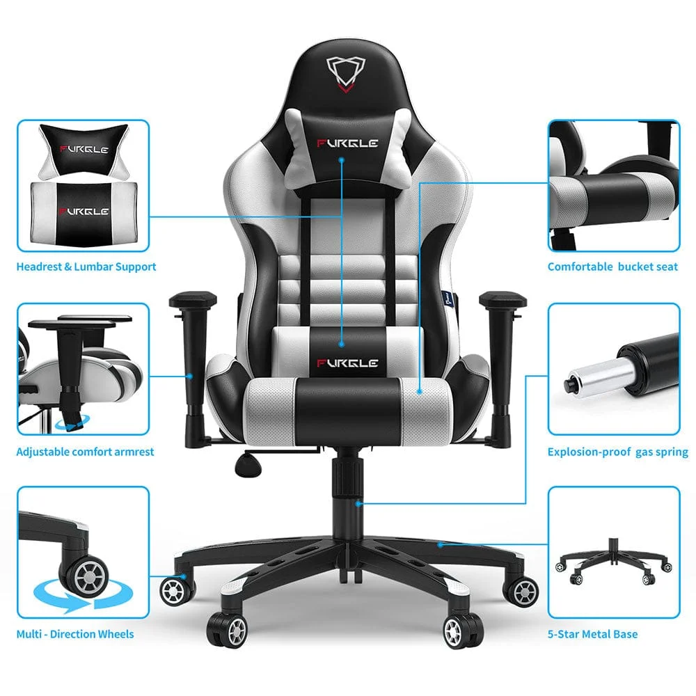 FURGLE CARRY SERIES RACING STYLE WHITE/BLACK - FULL BLACK GAMING CHAIR - Image 4